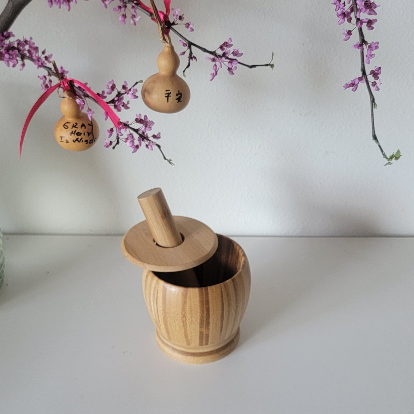 Bamboo Blend Grinder with Lid, Bamboo Garlic Mortar Set, Kitchen Tools, NC016