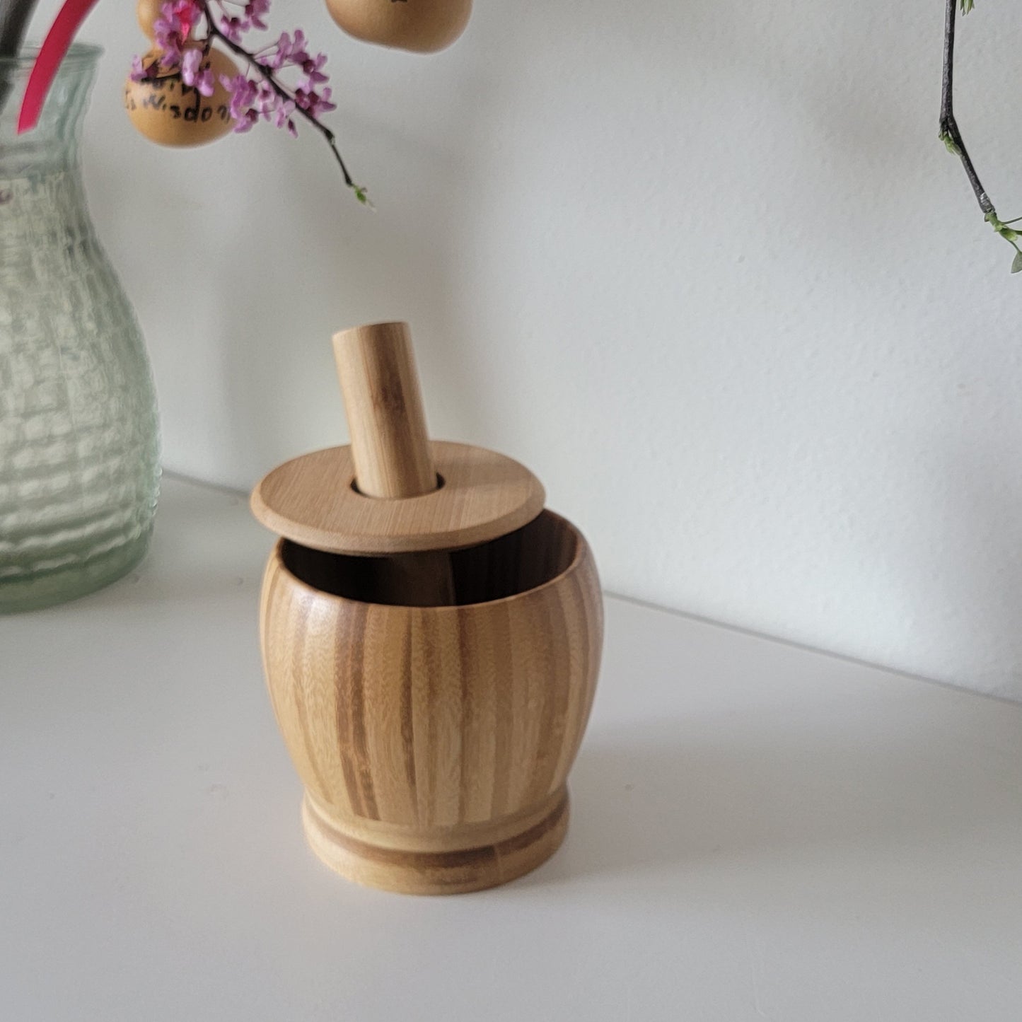 Bamboo Blend Grinder with Lid, Bamboo Garlic Mortar Set, Kitchen Tools, NC016