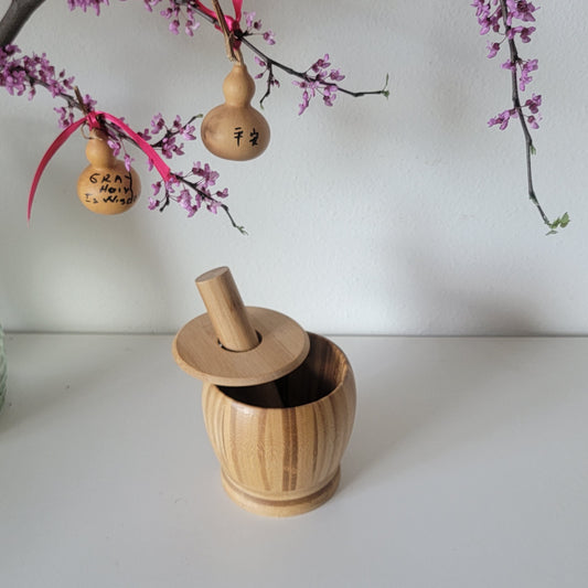 Bamboo Blend Grinder with Lid, Bamboo Garlic Mortar Set, Kitchen Tools