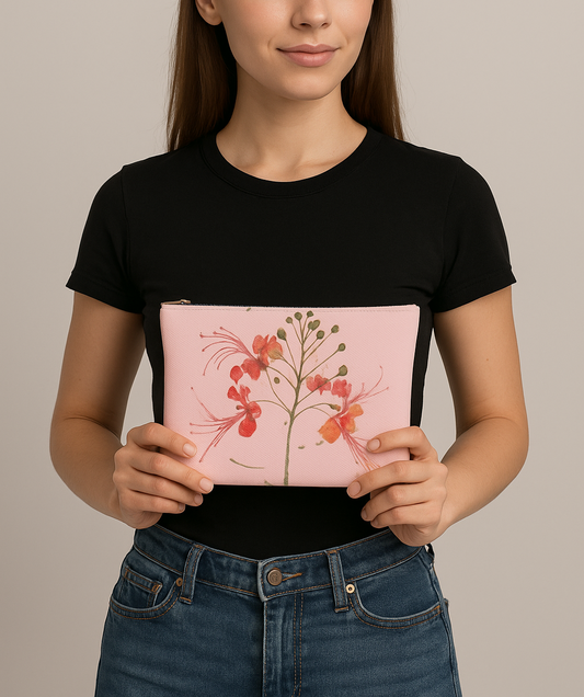 Peacock Floral Leather Clutch – Floribus Collection, Leather Pouch, Floral Printed Leather